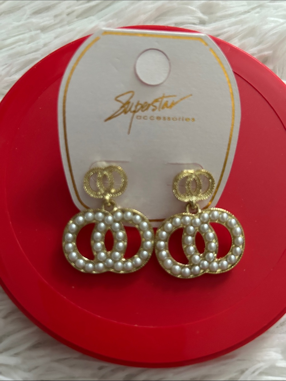 Gold Pearl Double-Circle Drop Earrings -